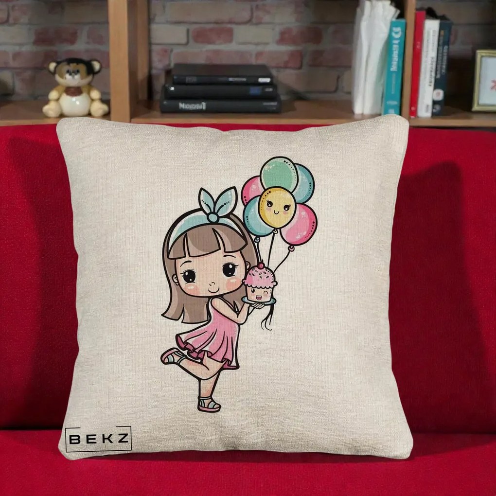Perna Decorativa Fetita Kawaii cu Baloane si Cupcake, 40x40 cm, Bej Canapea, Husa Detasabila, Perna Inclusa, BEKZ®