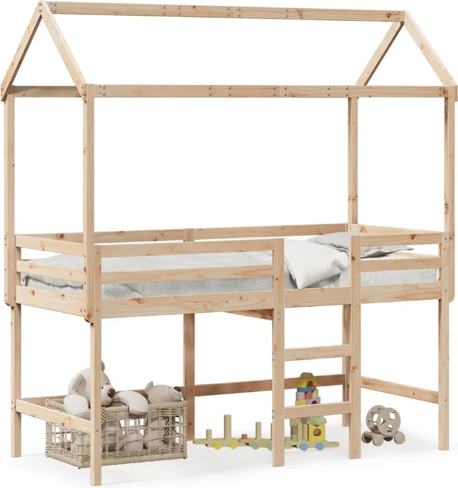 vidaXL Pat etajat cu scară și acoperiș, alb, 90x190 cm, lemn masiv pin