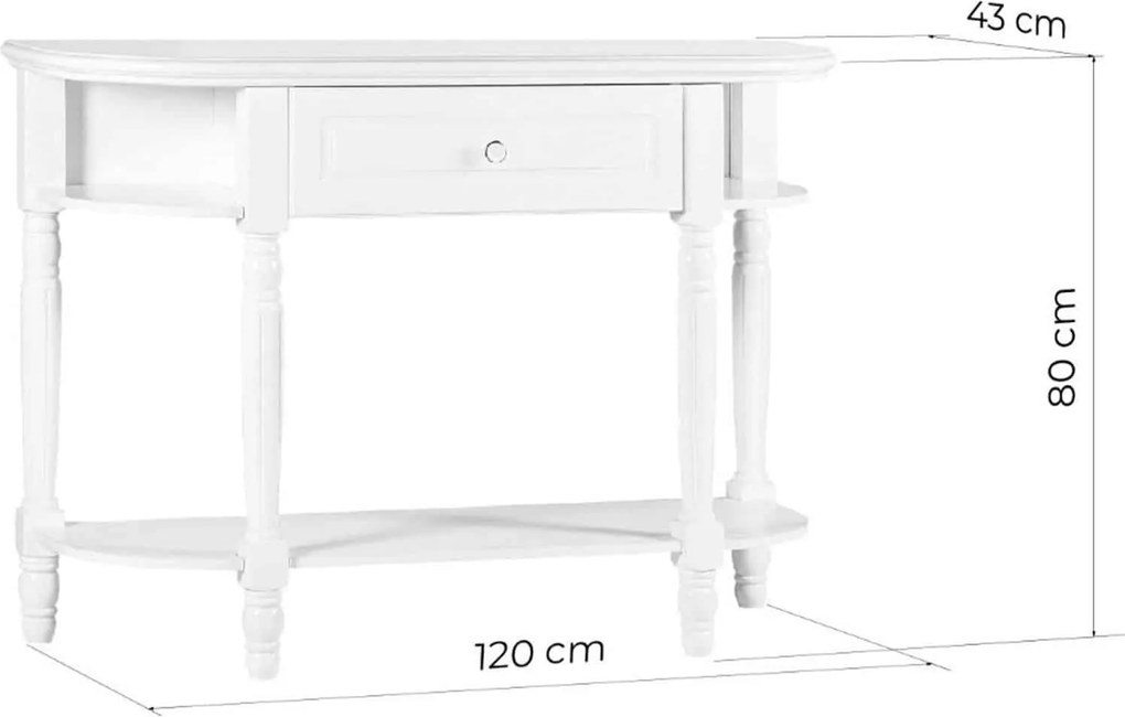 Consola lemn masiv alb Elizabeth, 120 × 43 × 80 cm