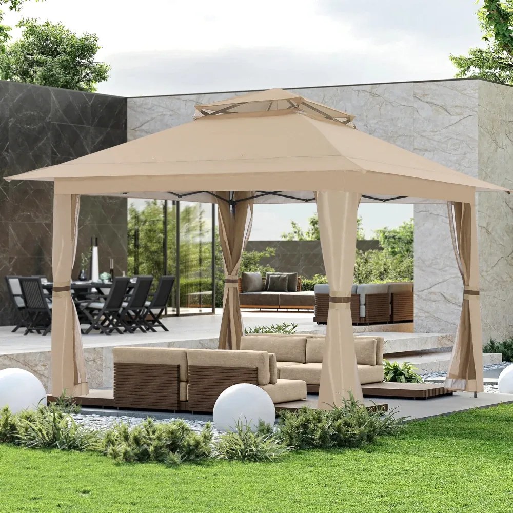 ABCCANOPY Foișor de gradina 3.96x3.96 m - Foișor exterior cu cadru din oțel și plasă de țânțari, înălțime reglabilă 3 trepte, pentru gazon, curte, grădină, terasă, Kaki
