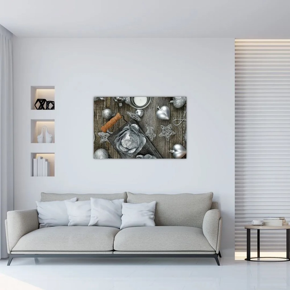Tablou - decorațiuni argintii de Crăciun (90x60 cm)