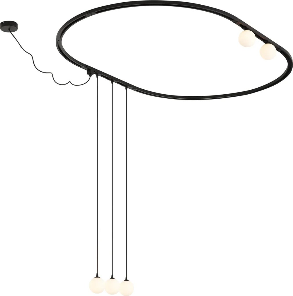 Sistem de iluminat pe șină oval modern negru cu 3 lămpi suspendate și 2 plafoniere albe monofazate - Iconic Perle