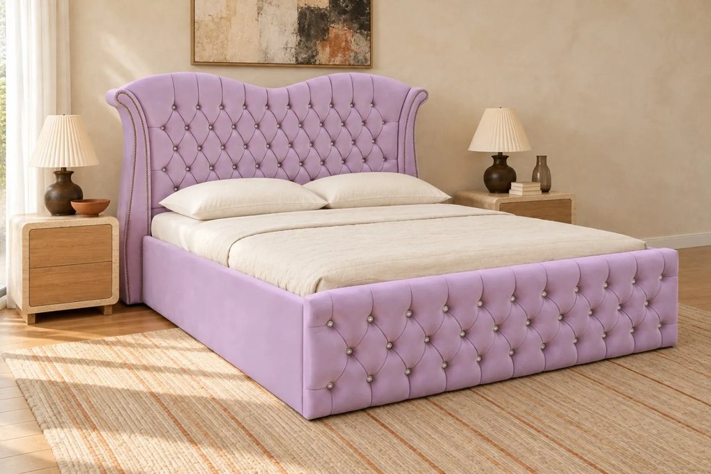 Pat tapițat Chesterfield Avella 160×200 cm, lila, cu ladă de depozitare