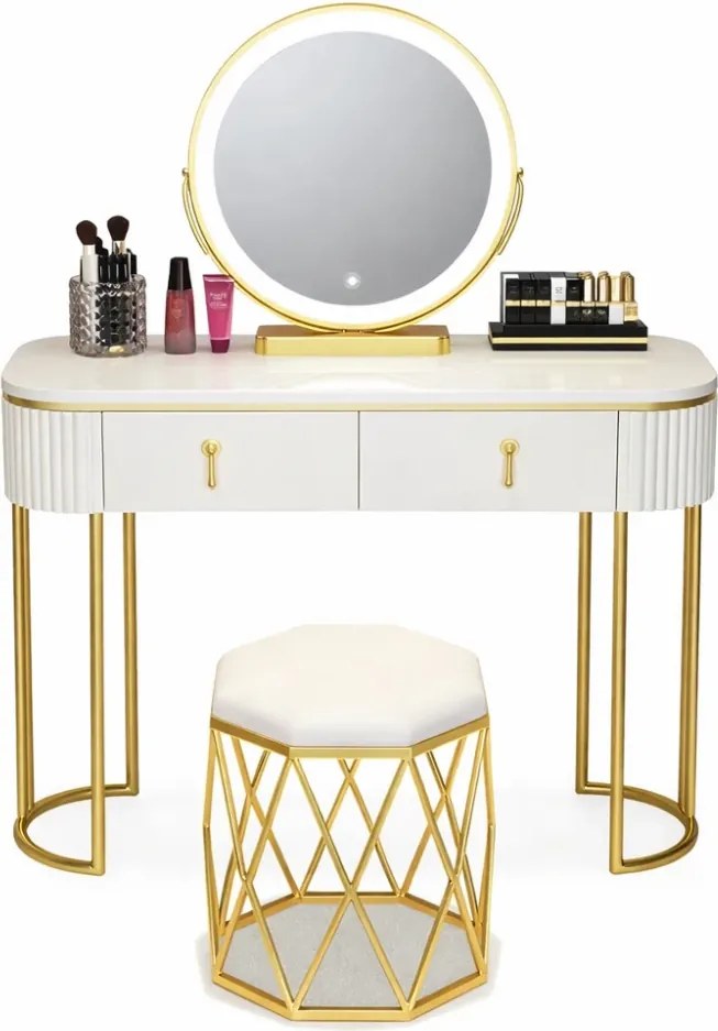 Set Lisa, Masă de toaletă pentru machiaj cu oglindă iluminată LED, control touch, sertar, taburet tapitat, Alb, 100x40x75 cm