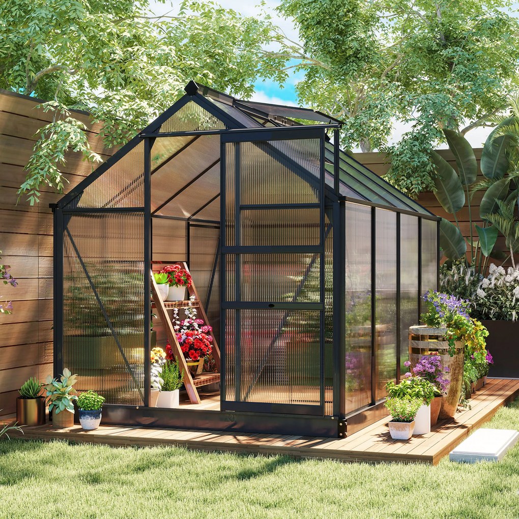 Outsunny Seră de Grădină, Seră din Policarbonat și Aluminiu cu Ușă Culisantă, Ventilație pe Acoperiș și Jgheab, 190x192x201 cm, Gri | Aosom Romania