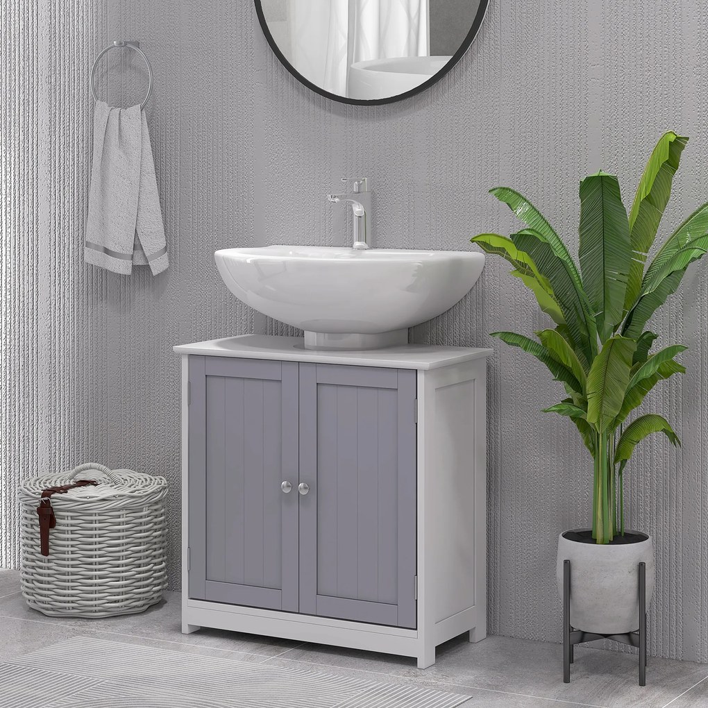 Kleankin Dulap Sub Chiuvetă Baie U-Shape 2 Uși Etajeră Reglabilă MDF Alb Gri 60x30x60cm | Aosom Romania