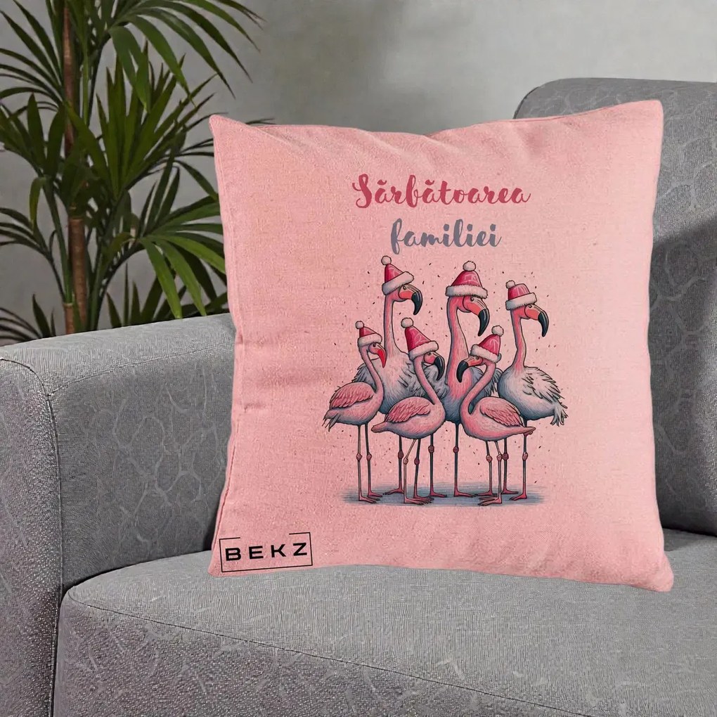 Perna Decorativa Flamingo Craciun Sarbatoarea Familiei, 40x40 cm, Roz, Husa Detasabila, Perna Inclusa, BEKZ®