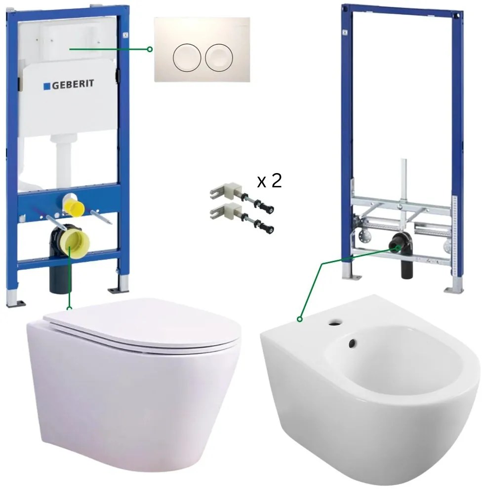 Set vas wc suspendat rimless cu capac si cu bideu, rezervor incastrat plus clapeta, Foglia Oslo