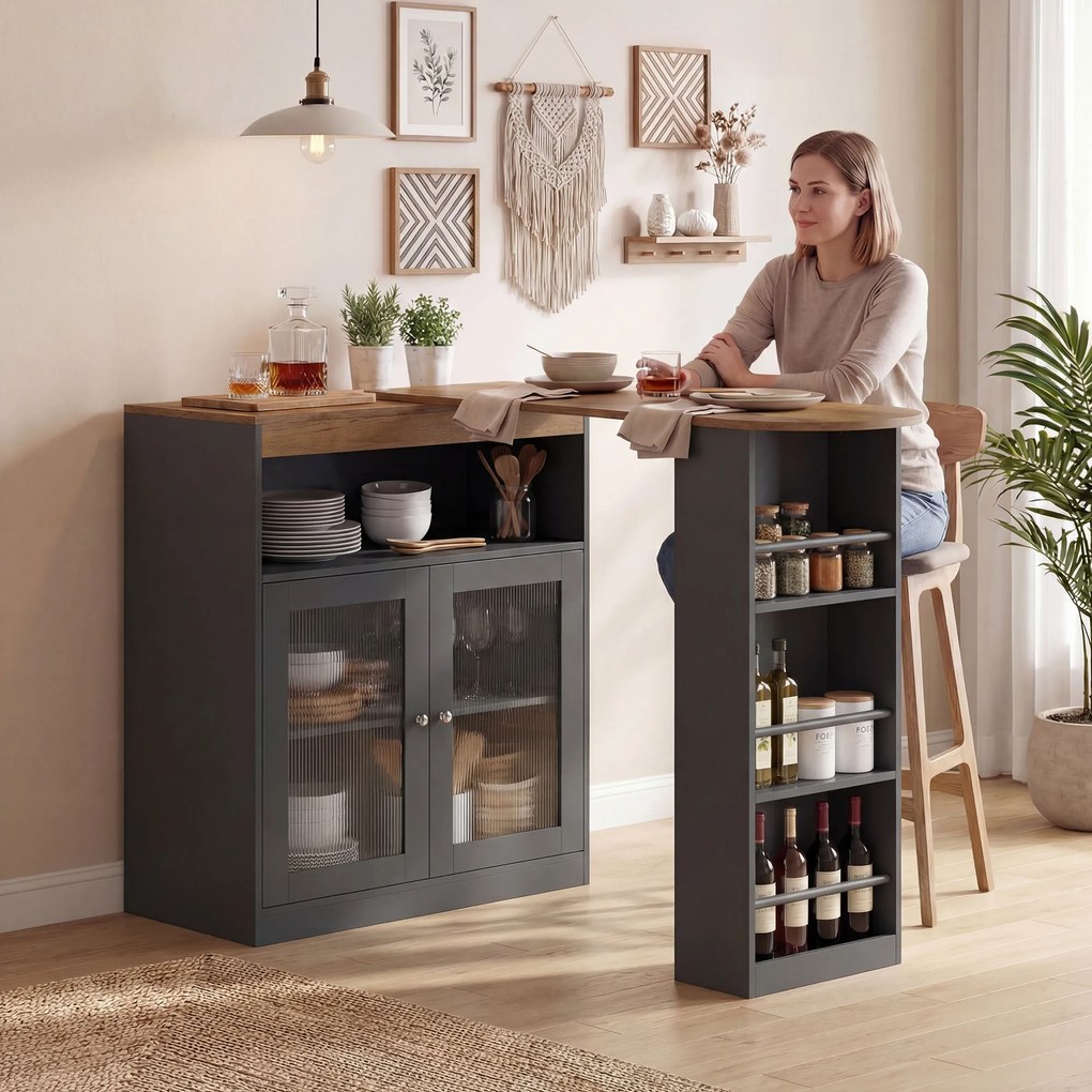 HOMCOM Masă de Bar Extensibilă și Rotativă 90° cu Rafturi Deschise și 2 Uși din Sticlă 150x80x105,5 cm Negru și Natural | Aosom Romania