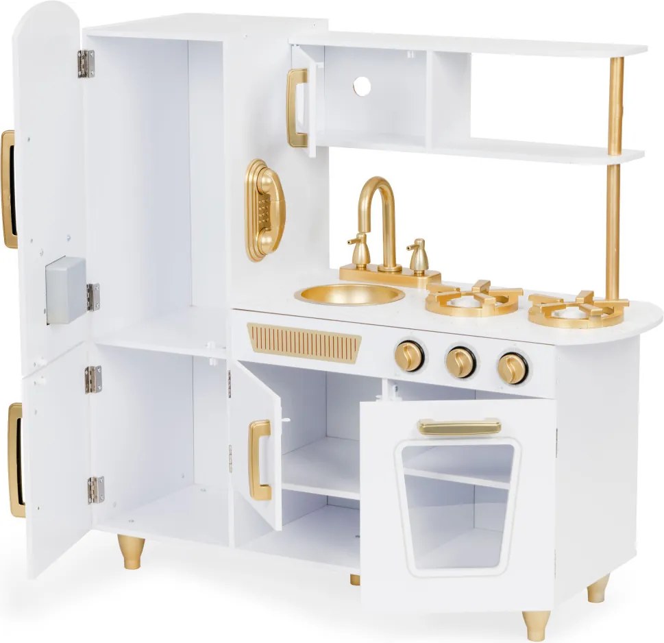 Bucătărie din lemn pentru copii în alb și auriu