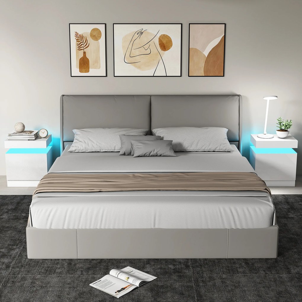 HOMCOM Set 2 Noptiere LED cu 4 Moduri, 2 Sertare, PAL, 45x35x52 cm, Alb Lucios | Aosom Romania