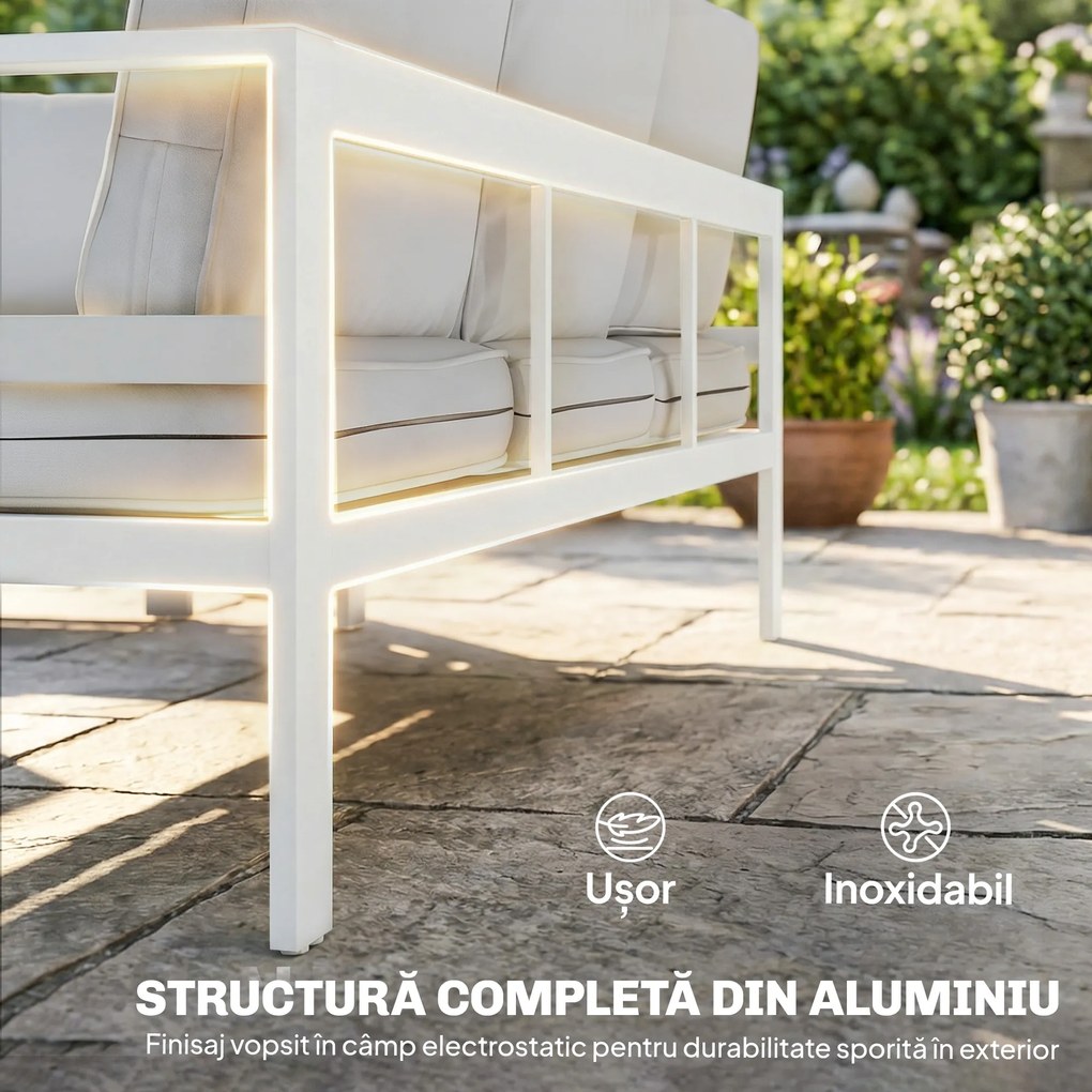 Outsunny Mobilier de Grădină din Aluminiu cu Canapea 3 Locuri, 2 Fotolii și Masă pentru Exterior, Alb | Aosom Romania
