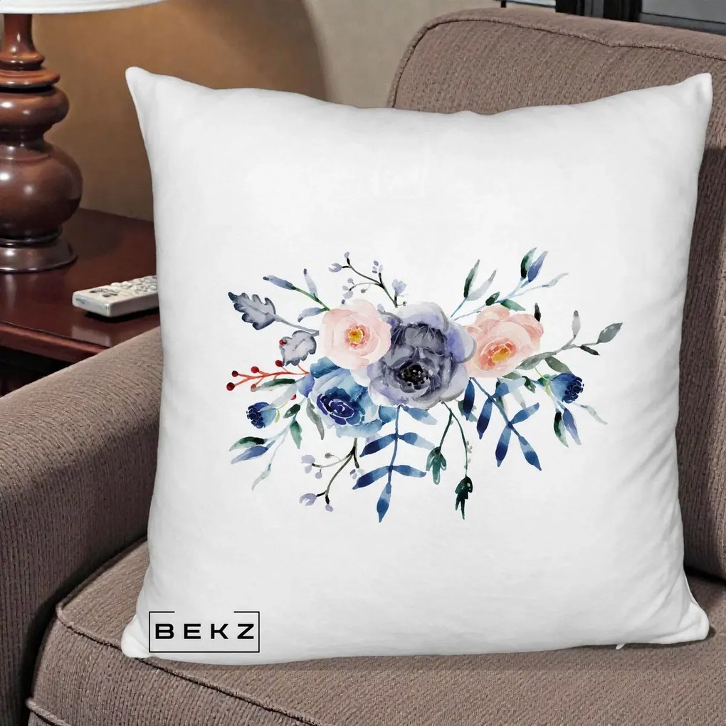 Perna Decorativa Buchet Flori Albastre Acuarela, 40x40 cm, Alb Pufos, Husa Detasabila, Perna Inclusa, BEKZ®