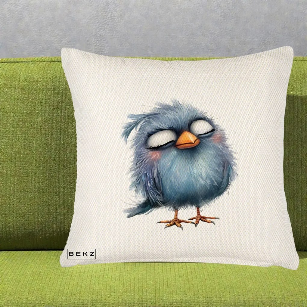 Perna Decorativa Pui Pufos Albastru Adormit, 40x40 cm, Crem Reliefat, Husa Detasabila, Perna Inclusa, BEKZ®