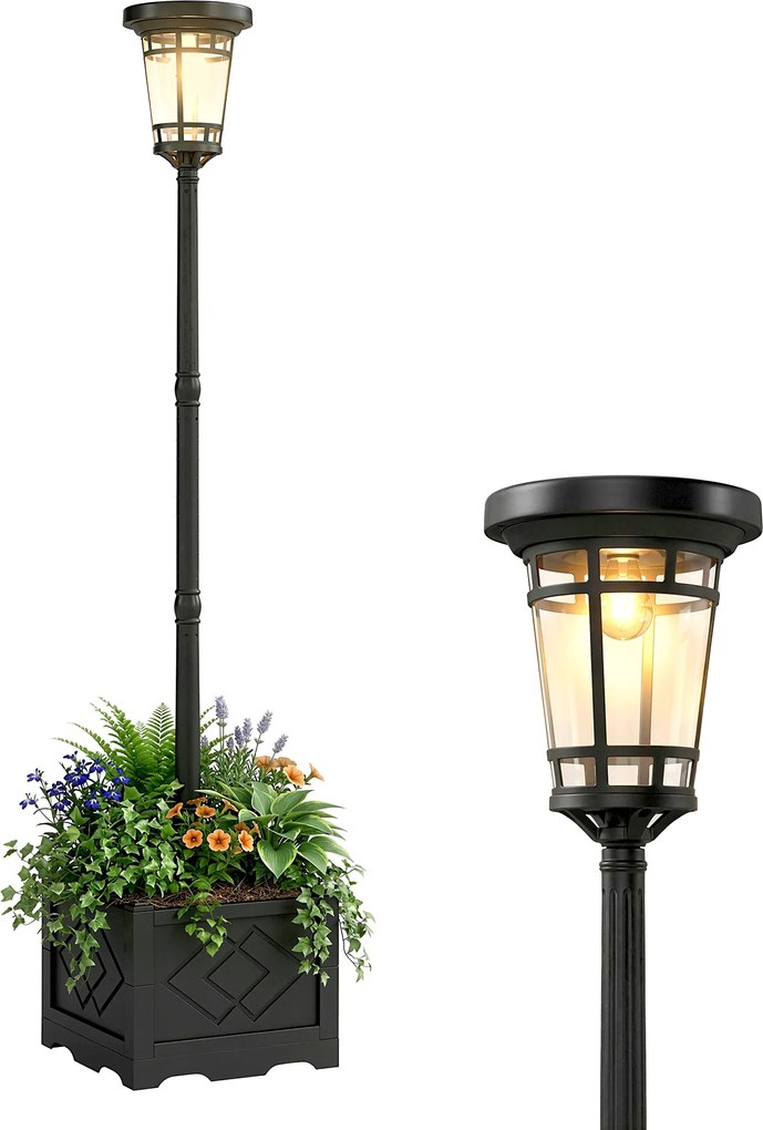 Outsunny Lanternă solară lampă de podea cu ghiveci 195cm Lampa de grădină exterioară cu 2 trepte de luminozitate comutator de control al luminii IP44 | Aosom Romania