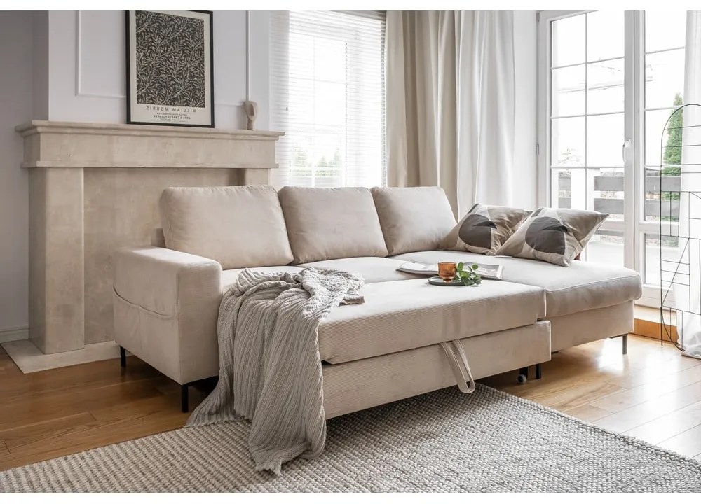 Colțar bej extensibil cu tapițerie din catifea reiată (cu colț pe partea dreaptă) Lofty Lilly – Miuform