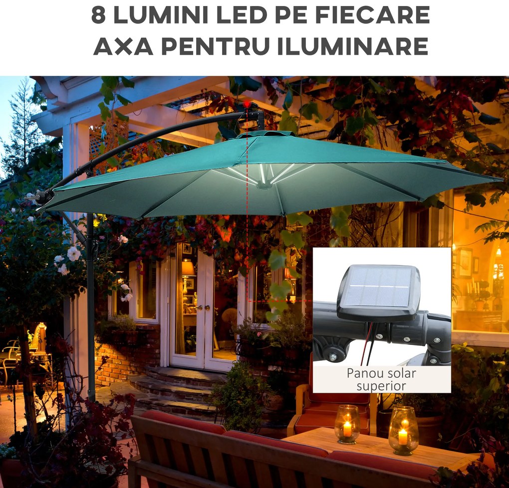 Umbrela pentru gradina Outsunny, brat cu manivela, 8 benzi LED, energie solara Φ295x245cm, Verde | Aosom Romania