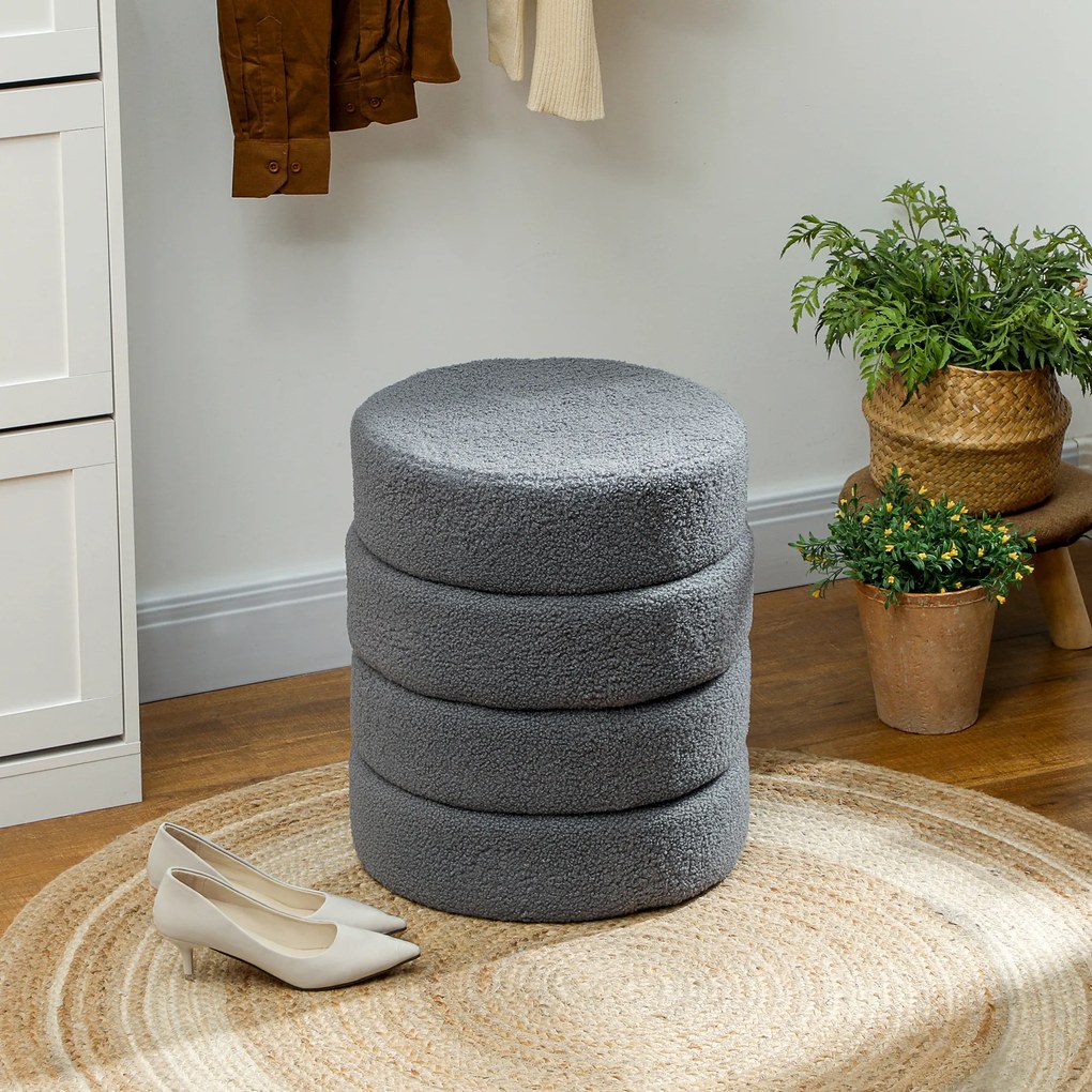 HOMCOM Taburet, rotund, cu blană de ursuleț, până la 120 kg, Ø40x45H cm, Gri închis | Aosom Romania