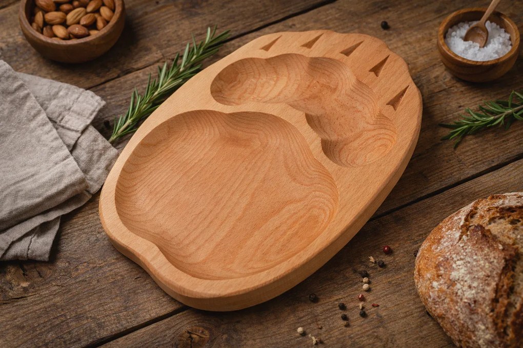 Platou din lemn de fag, forma urma de urs, 30x23 cm, cu 2 compartimente