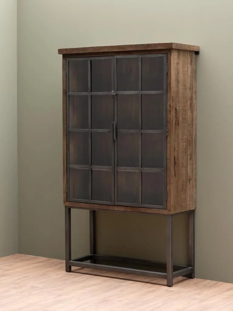 Vitrina din lemn de mango, metal si sticla, aspect vintage, Durbuy
