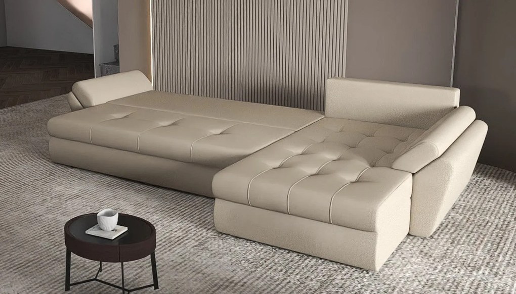 Colțar extensibil dumonde cu ladă de depozitare si sezut confortabil din spuma high-density, Loana XL Enjoy Camel 335x185 cm