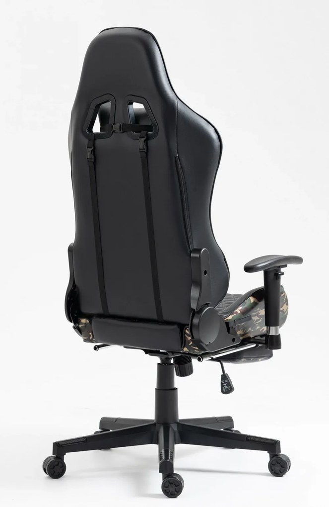 Scaun gaming, masaj in perna lombara, sezut benzi elastice sustinere, cotiere 3D, suport picioare, funcție sezlong, 90-180 grade, Negru/Army