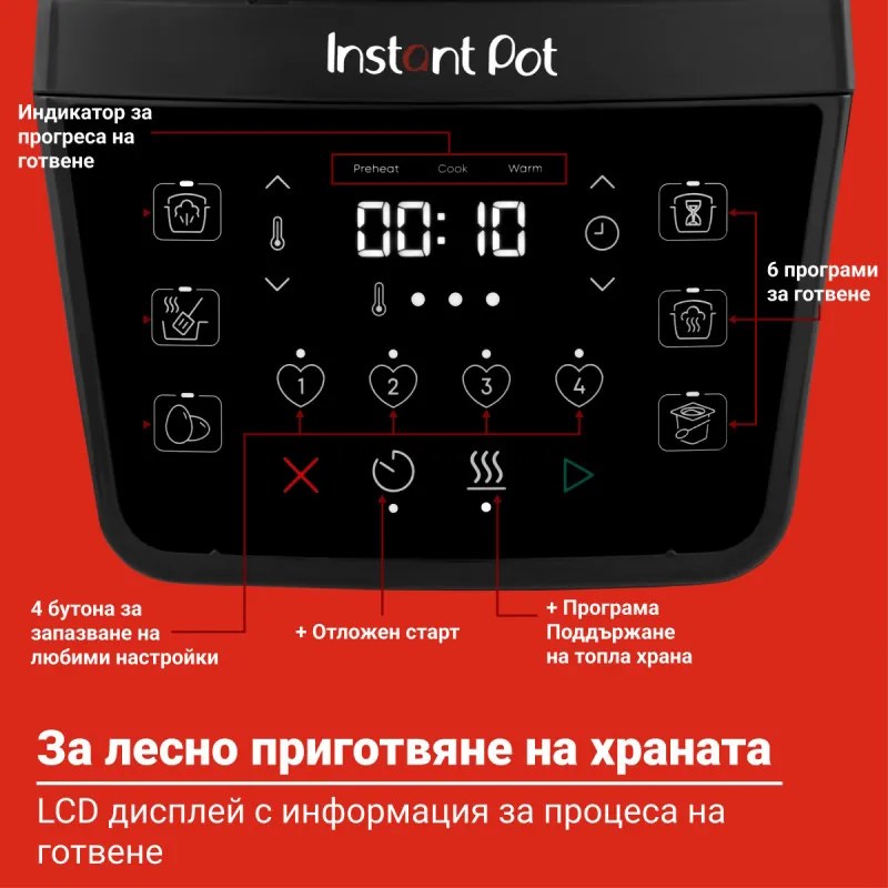 Instant Pot XL 140001901, 1200W, 7.1 l, 7 programe, Start întârziat, Ecran LCD, Negru