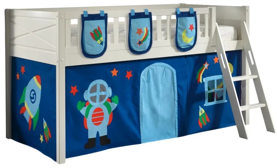 Pat ridicat pentru copii SCOTT, alb, 90 x 200 cm, din pin scandinav și MDF, cu scară frontală, perdea de joacă ASTRO și 3 saci de depozitare – Vipack