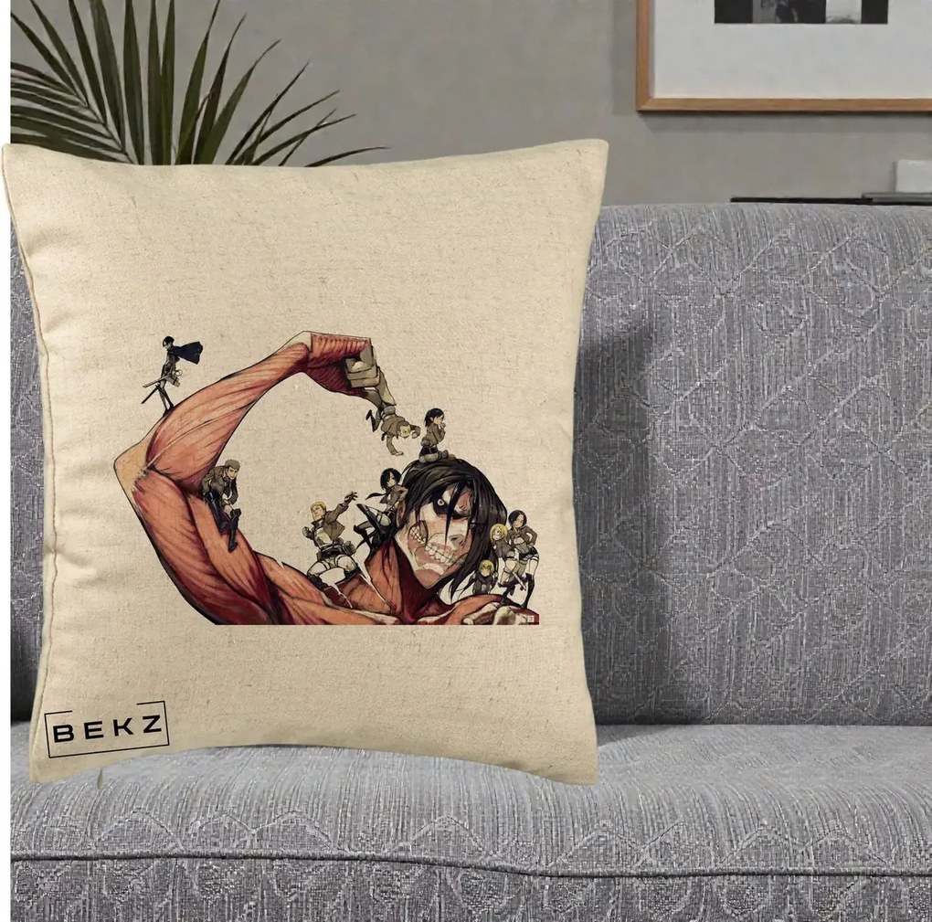 Perna Personalizata Attack on Titan Eren Titan Grup, 40x40 cm, Bej, Husa Detasabila, Perna Inclusa, BEKZ®