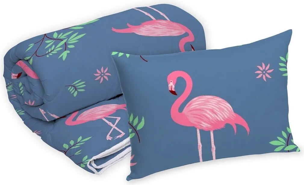 Set Alcam perna microfibra 50x70 cm si pilota matlasata 140x200 cm, Pink Flamingo
