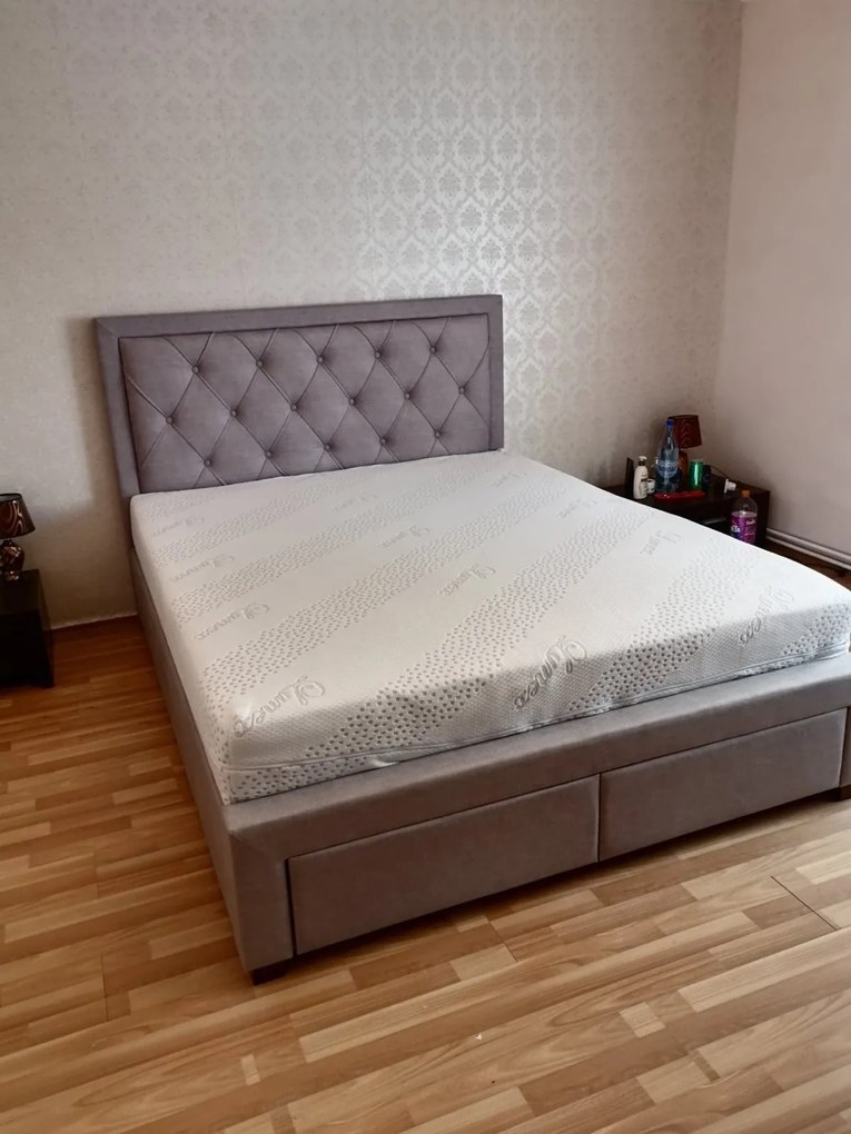 Pat tapitat dormitor ,de lux , pentru saltea 180x200 cm, stofa gri,cu sertare si suport saltea inclus 180x200-loc saltea