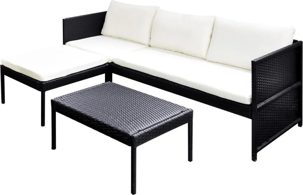 vidaXL Set mobilier de grădină cu perne, 3 piese, negru, poliratan