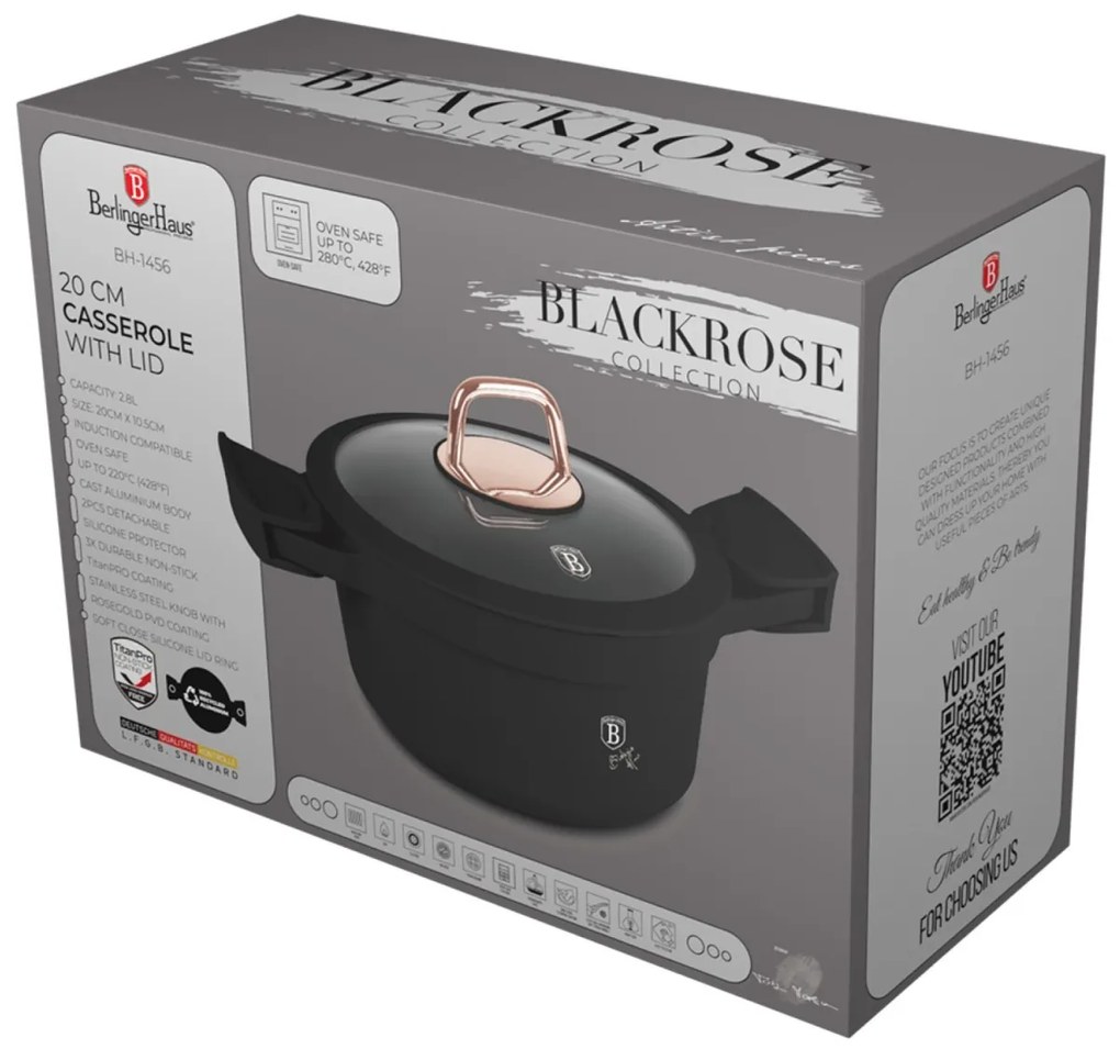 Oală cu capac și mânere de silicon detașabile 20 cm, 2.8L – Berlinger Haus Black Rose Collection BH 1456, neagră, cu strat antiaderent cu titan
