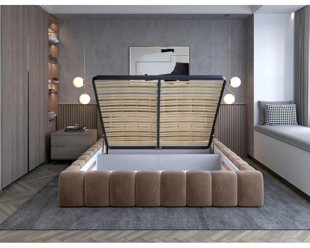 Pat matrimonial maro deschis tapițat cu spațiu de depozitare cu somieră 180x200 cm Lamica – ELTAP