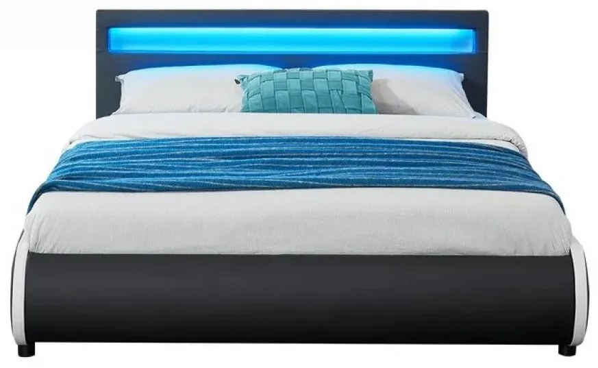 Pat tapitat piele PU, cu iluminare LED, telecomanda, cadru lemn, suport saltea inclus, 140x200, Negru