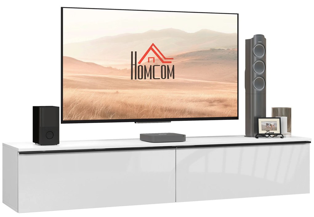 HOMCOM Dulap TV Suspendat cu 2 Dulapuri cu Uși Rabatabile, Alb Lucios | Aosom Romania