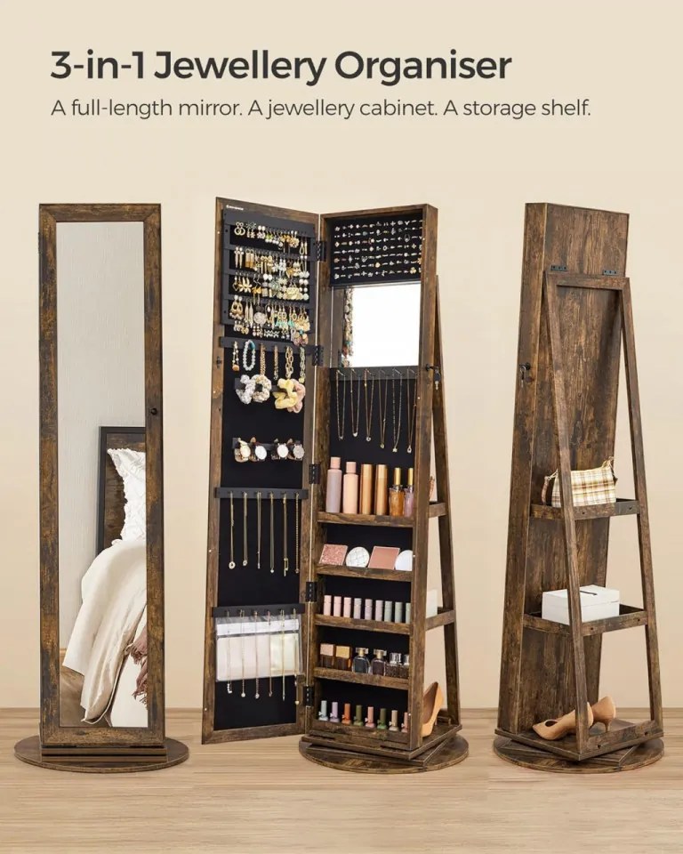 Dulap bijuterii cu oglinda, MDF melaminat / catifea, maro rustic, Songmics