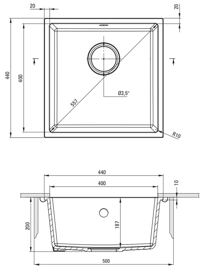 Chiuveta bucatarie compozit Deante Corda, montare sub blat, 44 cm, alb 440x440 mm, Alb mat