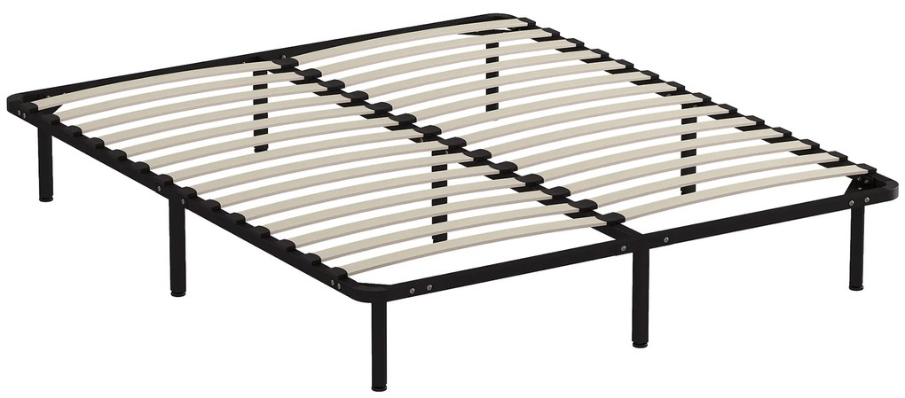 HOMCOM Pat Matrimonial Industrial cu 28 de Doghe și Spațiu de Depozitare, din Lemn și Oțel, 190x160x31 cm, Negru și Lemn | Aosom Romania