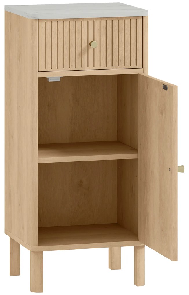 HOMCOM Mobilier de baie, corp de depozitare cu blat cu efect marmură și ușă canelată, sertar 36 x 30 x 80 cm, stejar | Aosom Romania