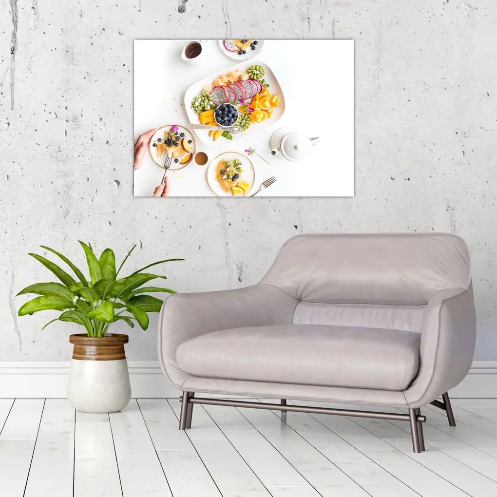 Tablou pe sticlă cu farfurie cu fructe pe masă (70x50 cm)