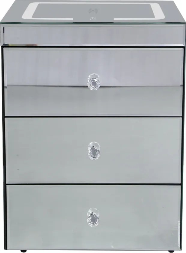 RESIGILAT- Noptieră inteligentă multifuncțională, din sticla tip oglindă, 3 sertare, LED-uri tactile, 3 tipuri de culoare, încărcare fără fir si USB, Difuzor Bluetooth, sticla securizata, 40x40x60 cm