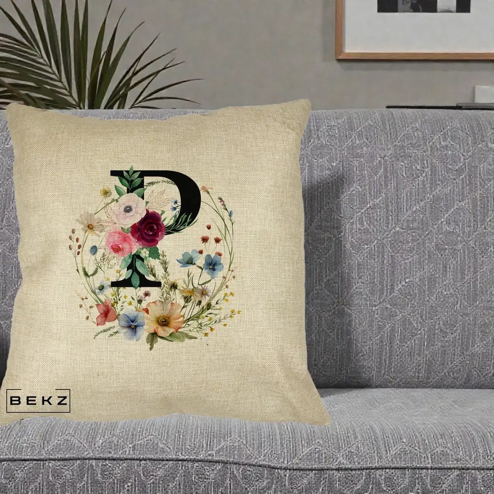 Cadou Personalizat - Perna Personalizata Monogram Litera P cu Flori Acuarela, 40x40 cm, Crem, Husa Detasabila, Perna Inclusa, BEKZ®