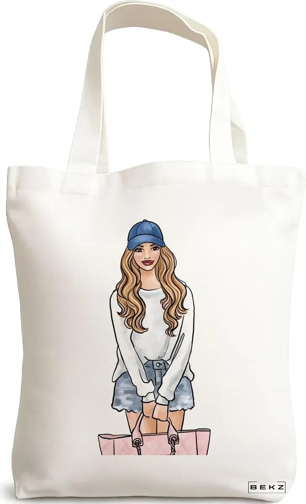 Sacosa de Panza pentru Cumparaturi, Geanta Tote Travel Girl 4, 38x34.5 cm, Alba, BEKZ®