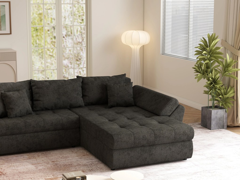 Colțar extensibil dumonde cu ladă de depozitare si sezut confortabil din spuma high-density, Loana Enjoy Black 270x185 cm