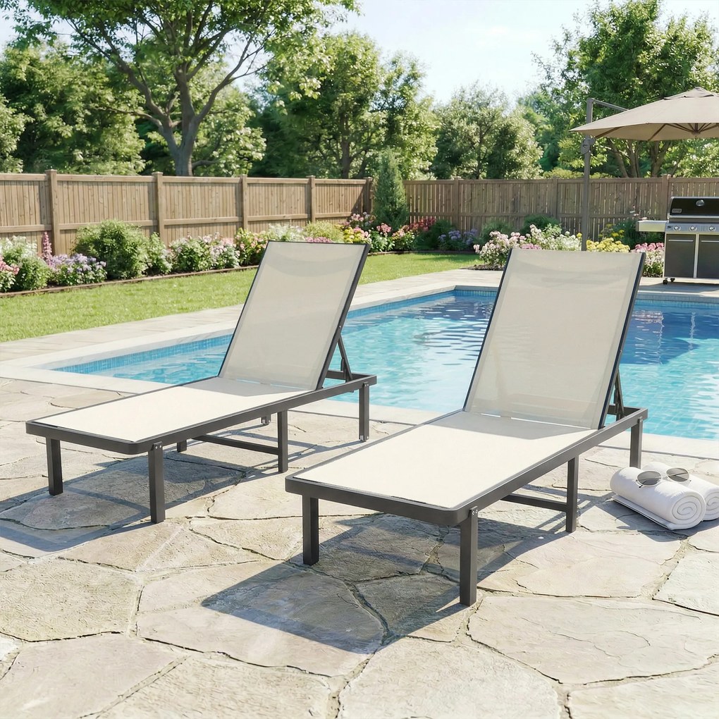 Outsunny Set de 2 șezlonguri reclinabile cu roți Spătar reglabil 4 nivele Cadru aluminiu Țesătură textilene Bej | Aosom Romania