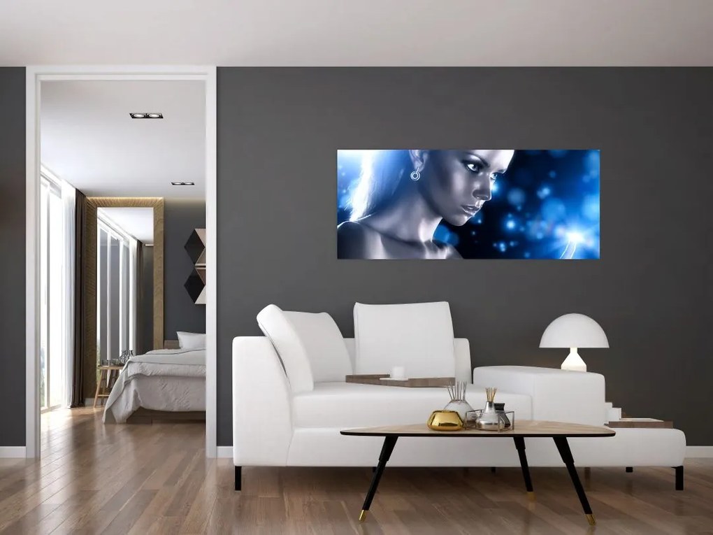 Tablou - Femeia, sclipici albastru (120x50 cm)