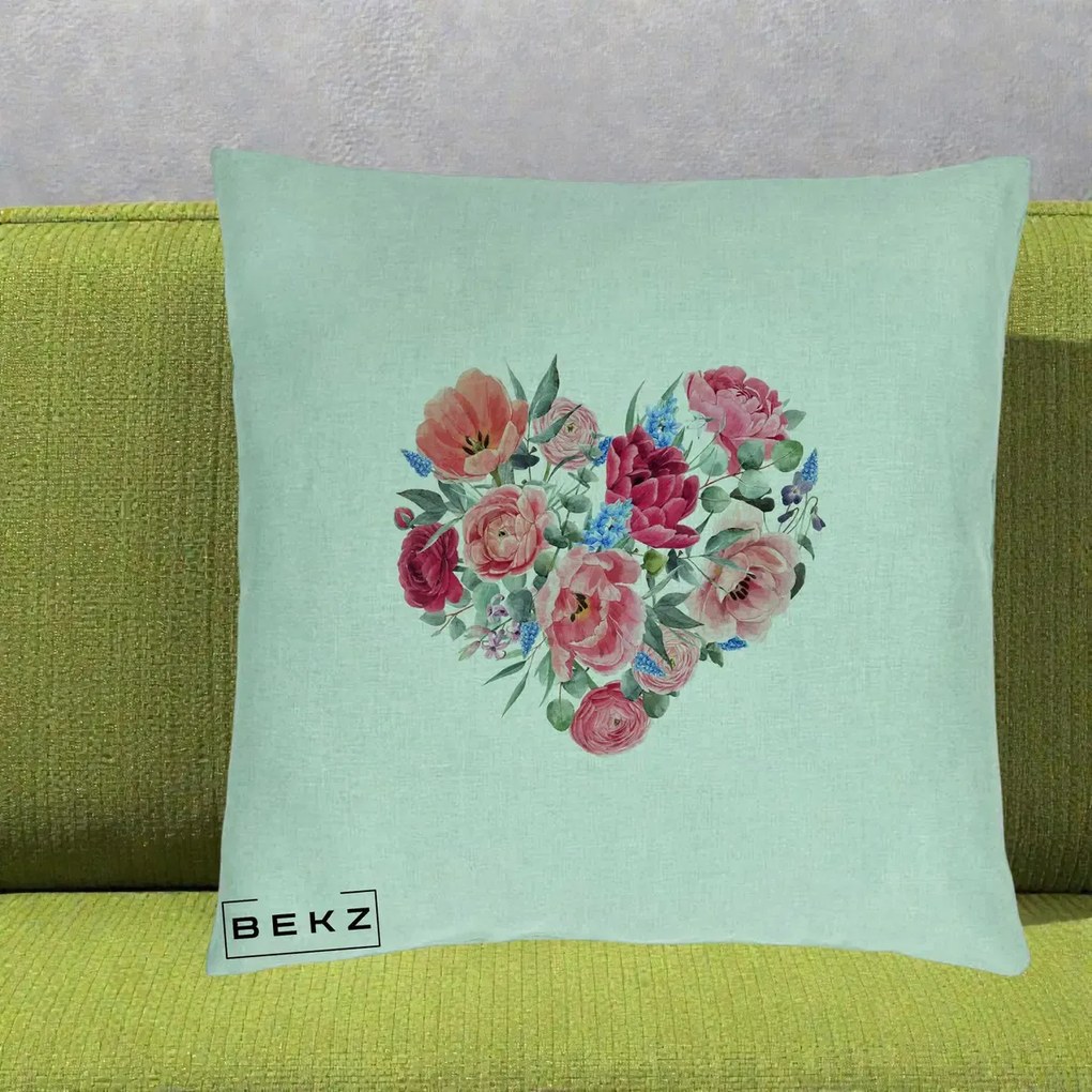 Perna Decorativa Inima din Bujori Acuarela, 40x40 cm, Verde Menta, Husa Detasabila, Perna Inclusa, BEKZ®