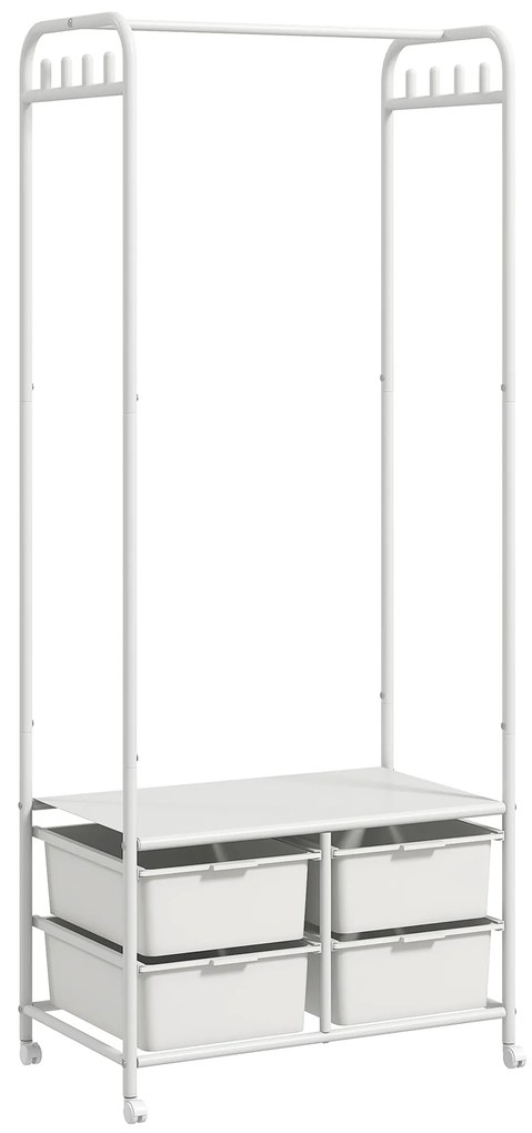 HOMCOM Suport Cuier cu Rafturi pentru Pantofi și 4 Coșuri, Cuier Intrare din Oțel și Plastic, 8 Agățători, 63x37x153 cm, Alb | Aosom Romania