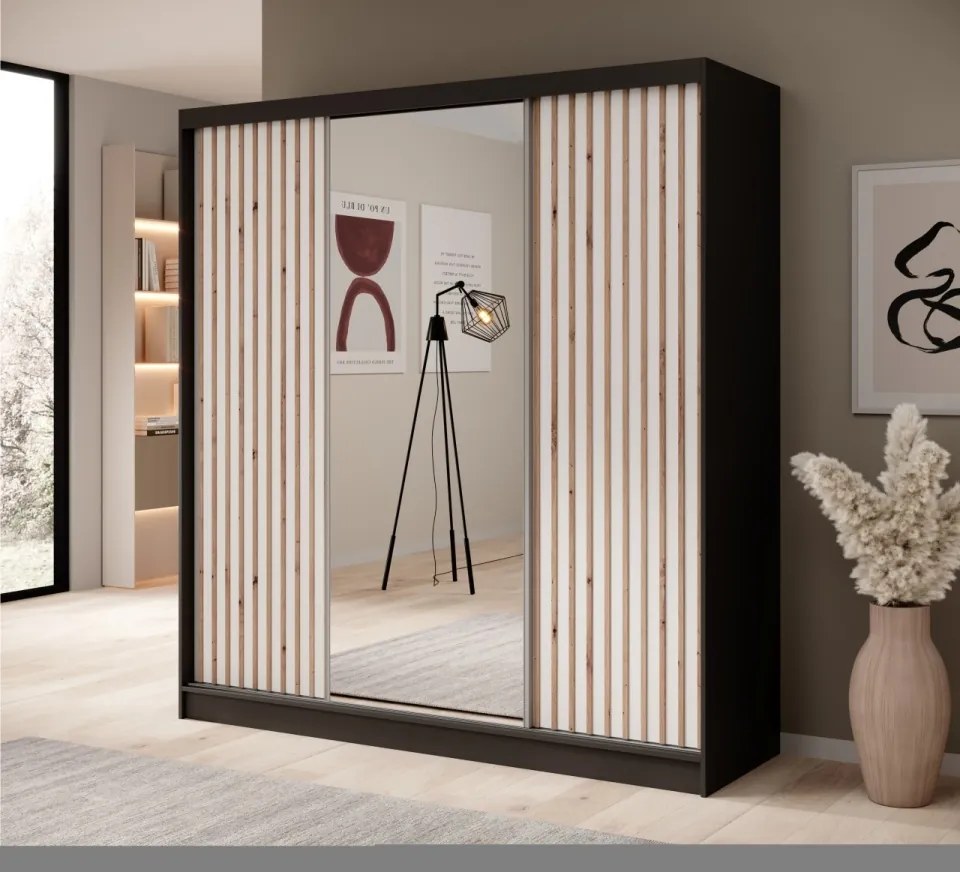 Dulap cu usi glisante si oglinda, 200x61x215 cm, Ida 200, ADRK Furniture (Culoare: Sonoma / Negru)